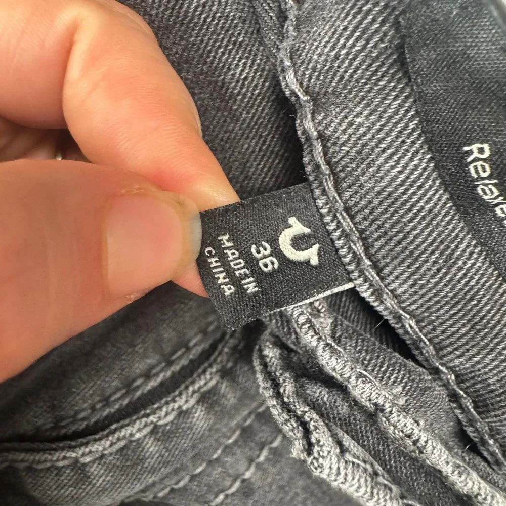 True Religion Geno Relaxed Slim Jeans Mens 36 Black Faded Denim Horseshoe Pocket